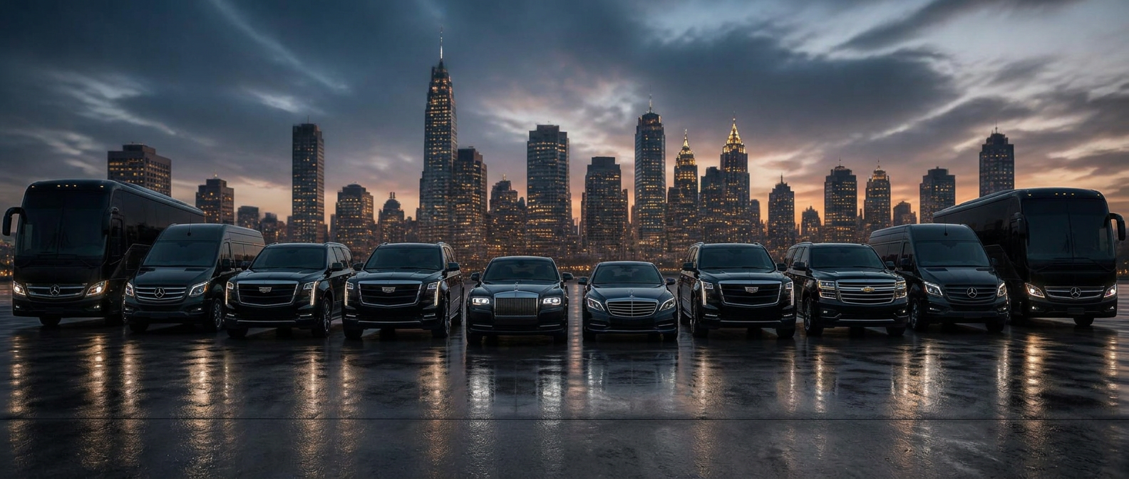 A-List fleet lineup: Rolls-Royce Ghost, Mercedes coach, two Sprinter vans, Escalade IQL, Mercedes S580, Escalade ESV, and Chevy Suburban